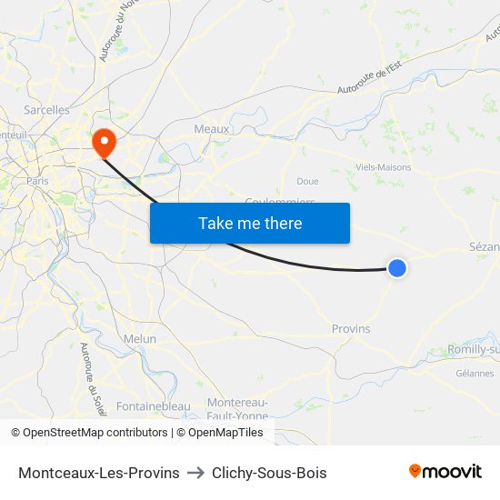 Montceaux-Les-Provins to Clichy-Sous-Bois map