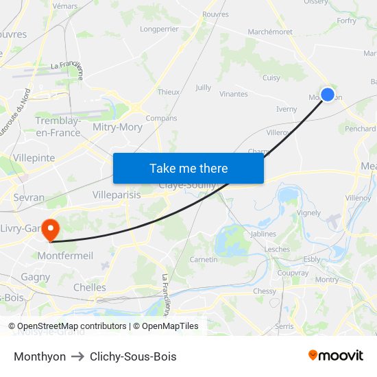 Monthyon to Clichy-Sous-Bois map