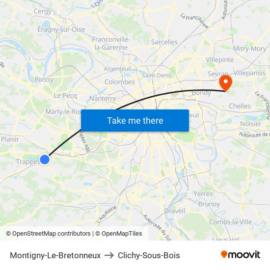 Montigny-Le-Bretonneux to Clichy-Sous-Bois map