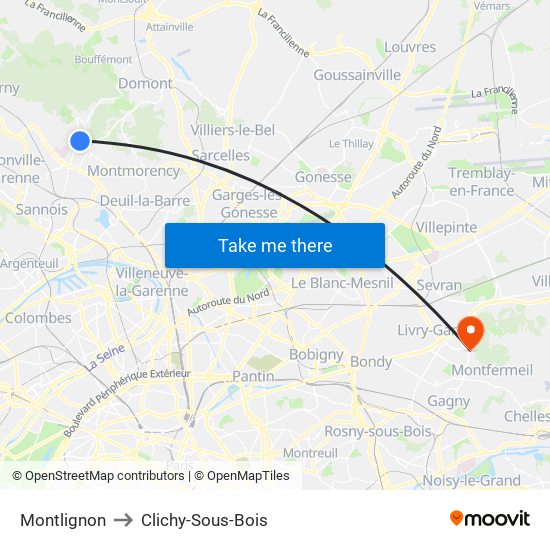 Montlignon to Clichy-Sous-Bois map