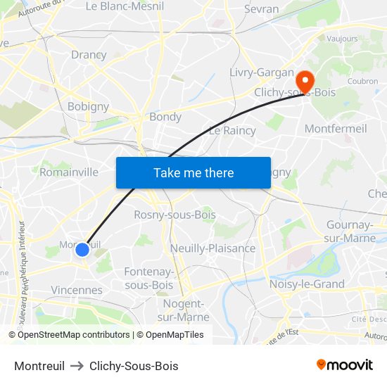 Montreuil to Clichy-Sous-Bois map