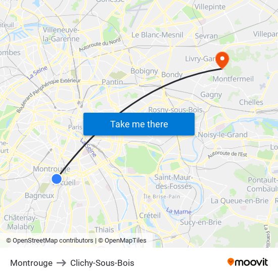 Montrouge to Clichy-Sous-Bois map