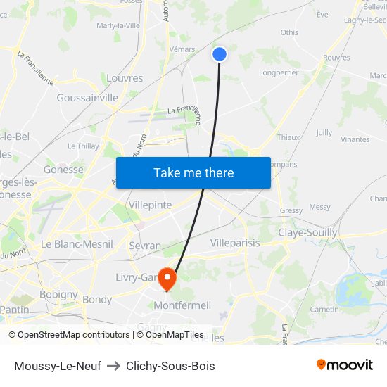Moussy-Le-Neuf to Clichy-Sous-Bois map