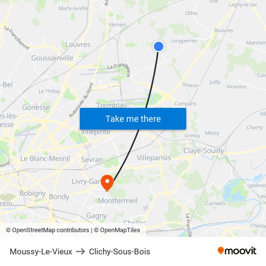 Moussy-Le-Vieux to Clichy-Sous-Bois map