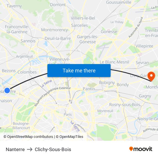 Nanterre to Clichy-Sous-Bois map