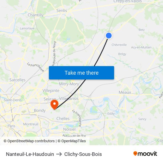 Nanteuil-Le-Haudouin to Clichy-Sous-Bois map
