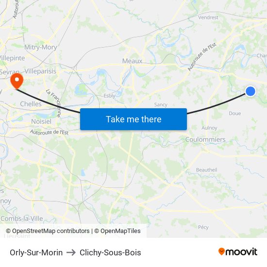 Orly-Sur-Morin to Clichy-Sous-Bois map