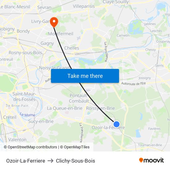 Ozoir-La-Ferriere to Clichy-Sous-Bois map