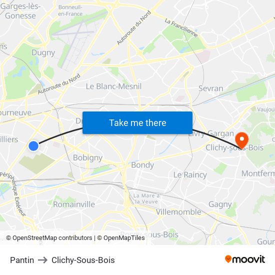 Pantin to Clichy-Sous-Bois map