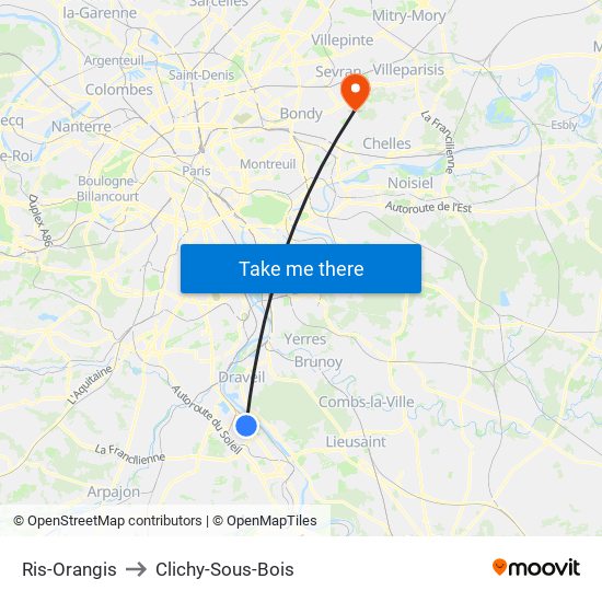 Ris-Orangis to Clichy-Sous-Bois map