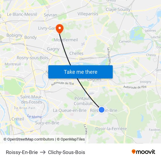 Roissy-En-Brie to Clichy-Sous-Bois map