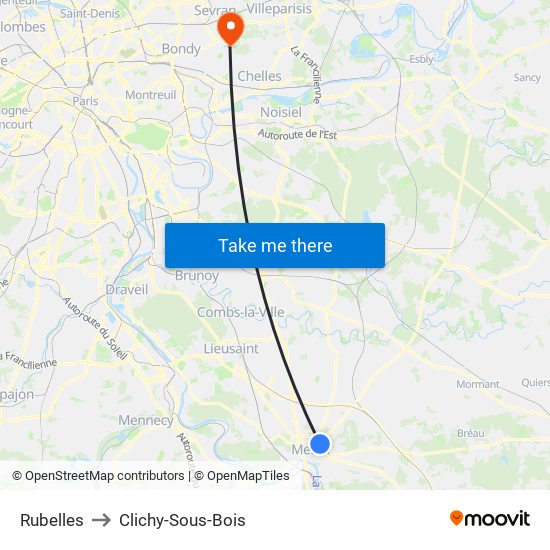 Rubelles to Clichy-Sous-Bois map