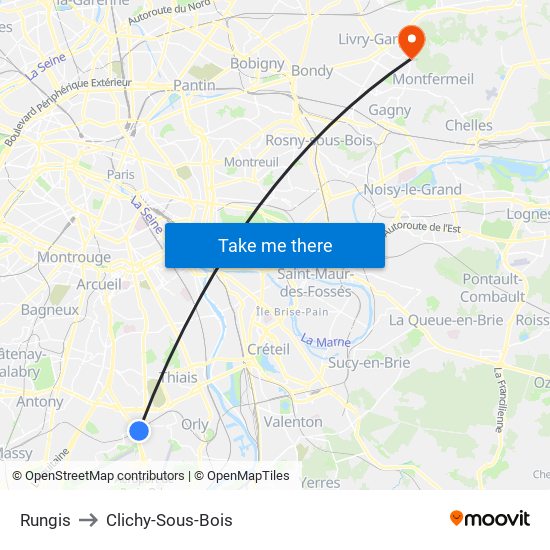 Rungis to Clichy-Sous-Bois map