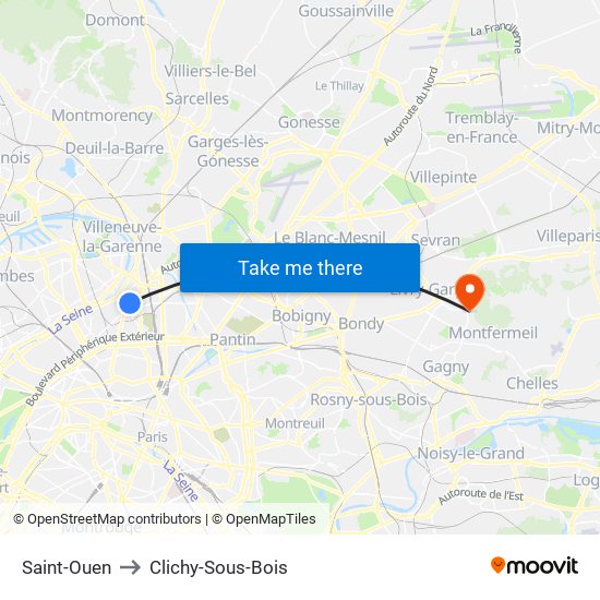 Saint-Ouen to Clichy-Sous-Bois map