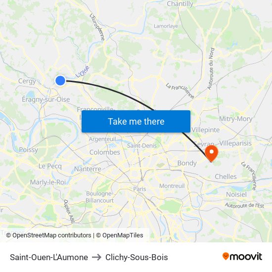 Saint-Ouen-L'Aumone to Clichy-Sous-Bois map