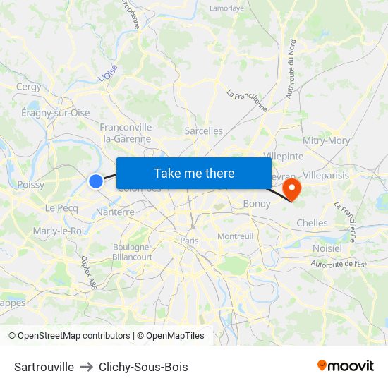 Sartrouville to Clichy-Sous-Bois map