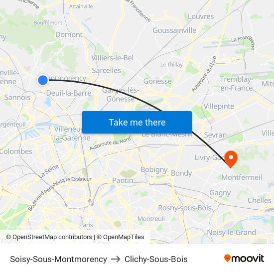 Soisy-Sous-Montmorency to Clichy-Sous-Bois map