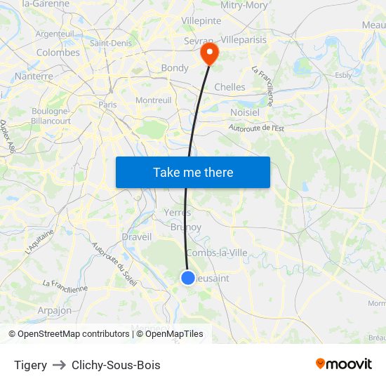 Tigery to Clichy-Sous-Bois map
