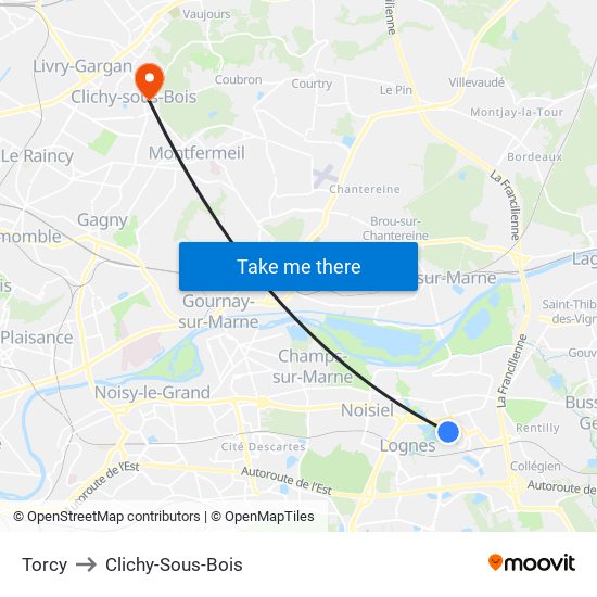 Torcy to Clichy-Sous-Bois map