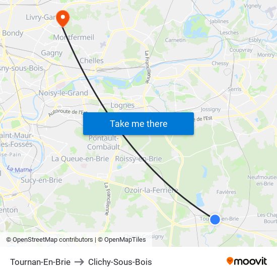 Tournan-En-Brie to Clichy-Sous-Bois map