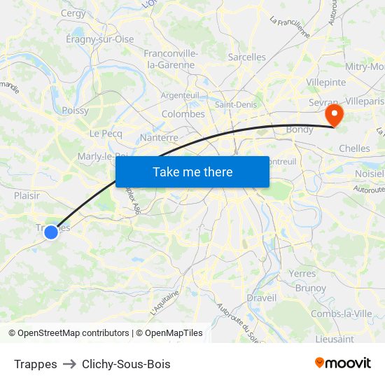 Trappes to Clichy-Sous-Bois map