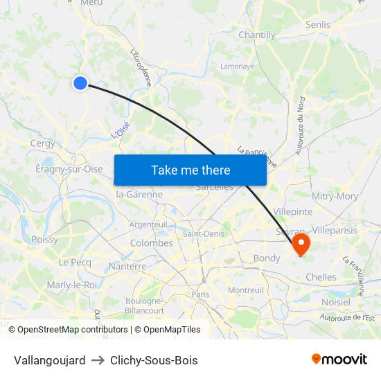 Vallangoujard to Clichy-Sous-Bois map