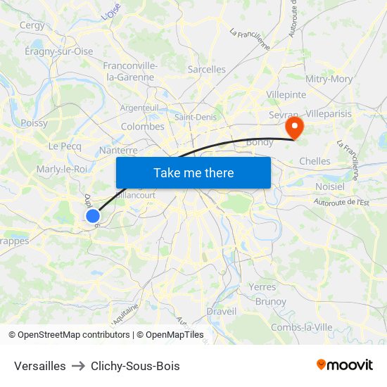 Versailles to Clichy-Sous-Bois map