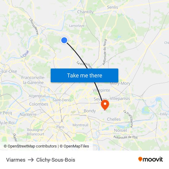 Viarmes to Clichy-Sous-Bois map