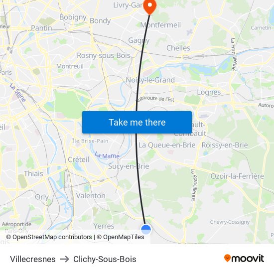 Villecresnes to Clichy-Sous-Bois map