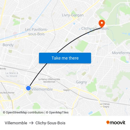 Villemomble to Clichy-Sous-Bois map