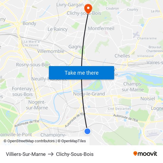 Villiers-Sur-Marne to Clichy-Sous-Bois map