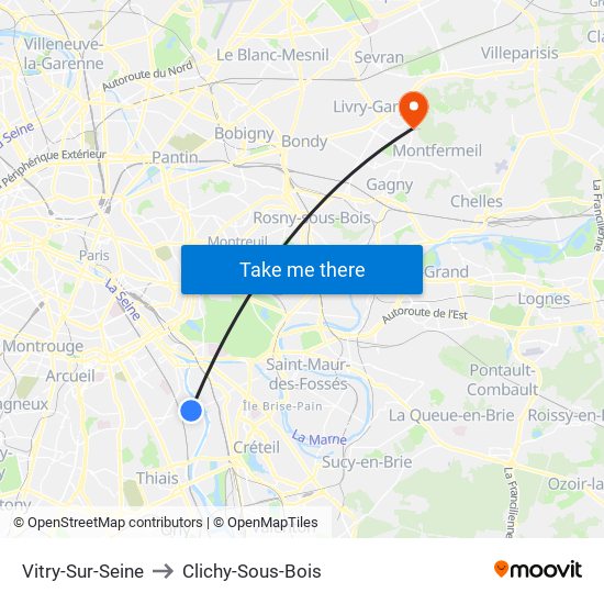 Vitry-Sur-Seine to Clichy-Sous-Bois map