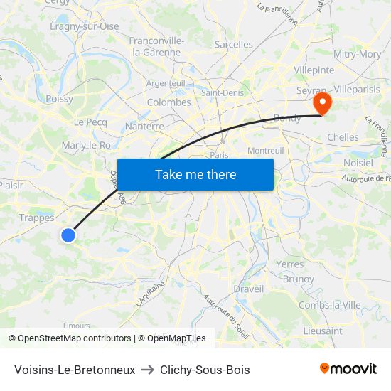 Voisins-Le-Bretonneux to Clichy-Sous-Bois map