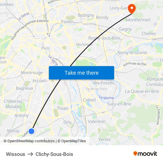 Wissous to Clichy-Sous-Bois map