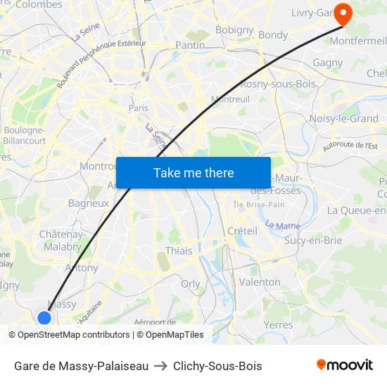 Gare de Massy-Palaiseau to Clichy-Sous-Bois map
