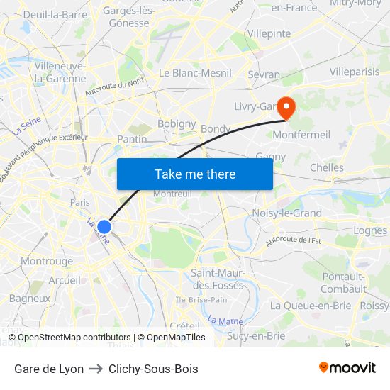 Gare de Lyon to Clichy-Sous-Bois map