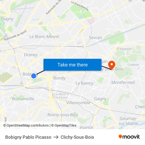 Bobigny Pablo Picasso to Clichy-Sous-Bois map