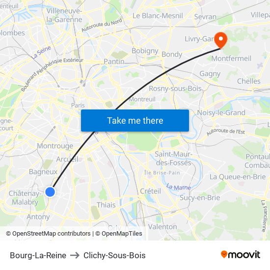 Bourg-La-Reine to Clichy-Sous-Bois map