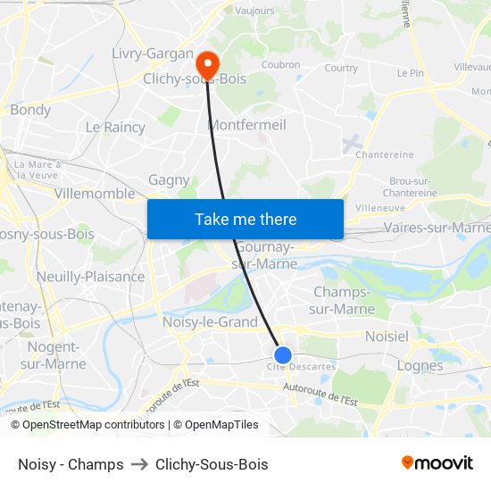 Noisy - Champs to Clichy-Sous-Bois map