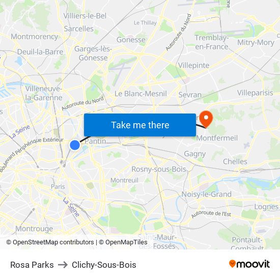 Rosa Parks to Clichy-Sous-Bois map