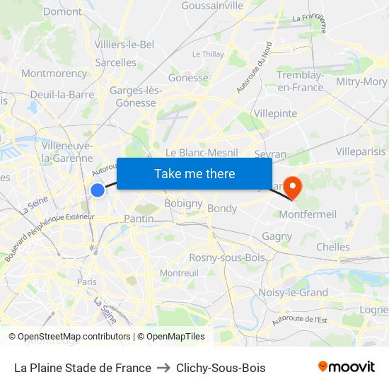 La Plaine Stade de France to Clichy-Sous-Bois map
