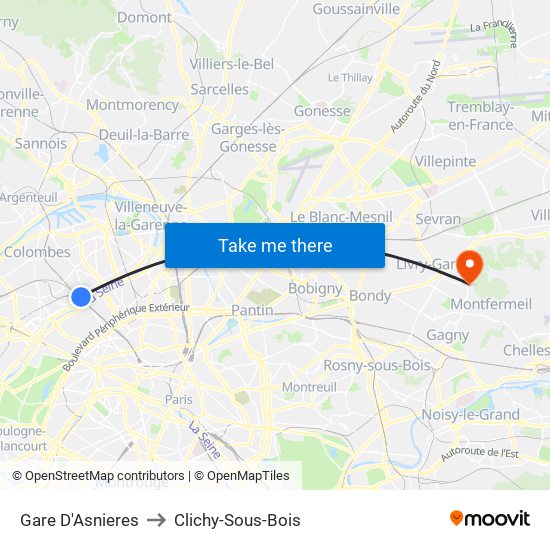 Gare D'Asnieres to Clichy-Sous-Bois map