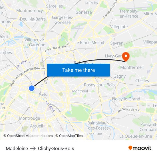 Madeleine to Clichy-Sous-Bois map