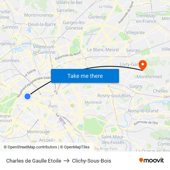 Charles de Gaulle Etoile to Clichy-Sous-Bois map