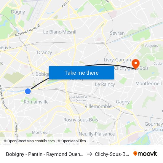 Bobigny - Pantin - Raymond Queneau to Clichy-Sous-Bois map