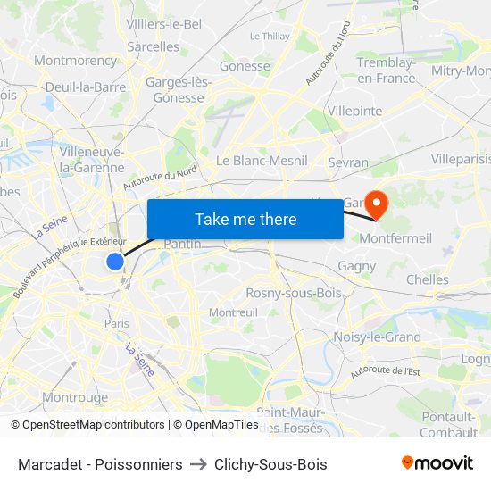 Marcadet - Poissonniers to Clichy-Sous-Bois map