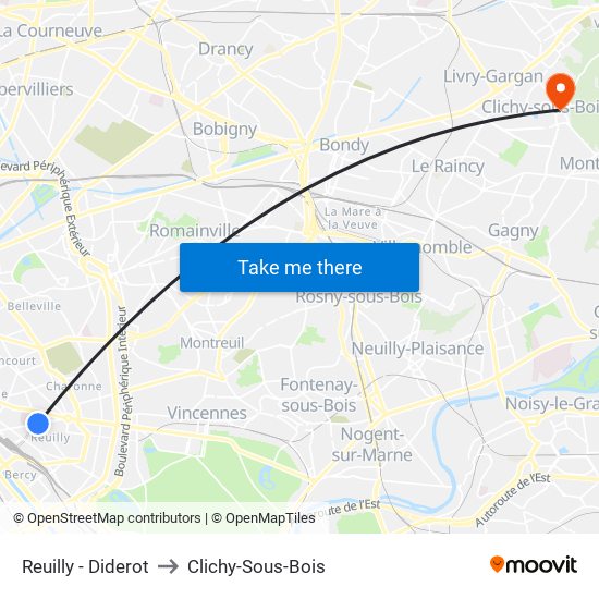 Reuilly - Diderot to Clichy-Sous-Bois map