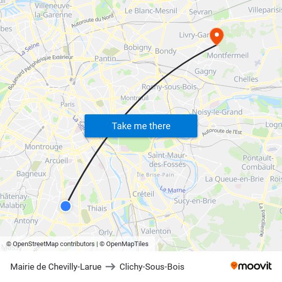 Mairie de Chevilly-Larue to Clichy-Sous-Bois map