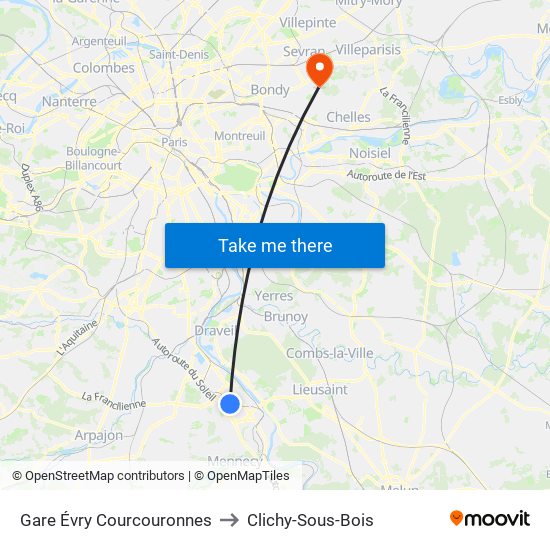 Gare Évry Courcouronnes to Clichy-Sous-Bois map