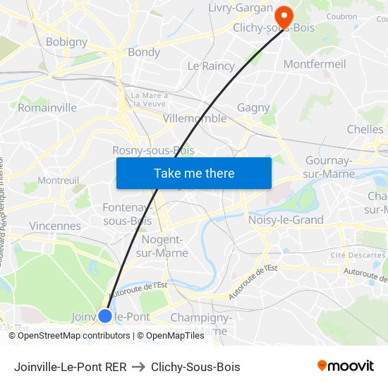 Joinville-Le-Pont RER to Clichy-Sous-Bois map